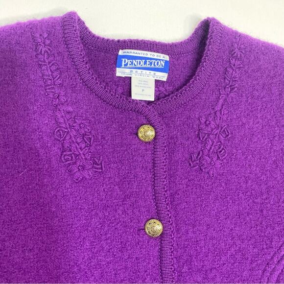 Pendleton Vintage Wool Button Cardigan Sweater Purple Embroidered Floral SP - Picture 3 of 12
